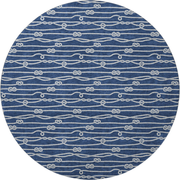 8' Nautical Washable Round Rug With UV Protection - Navy Blue / Ivory