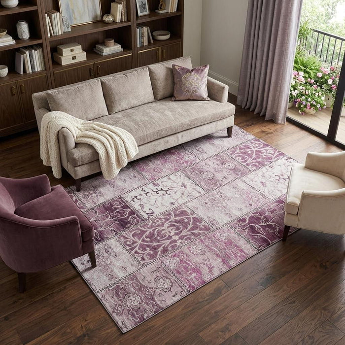9' X 12' Patchwork Distressed Washable Area Rug With UV Protection (649557) - Burgundy / Ivory