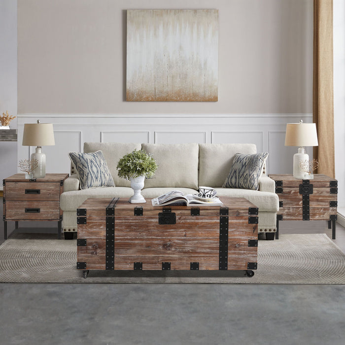 Set of three Giga trunk and side tables in antique gray with large storage compartments, ideal for living room decor.