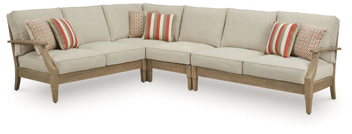 Clare View beige 4-piece outdoor sectional by Signature Design Ashley, featuring stationary seating with cushions and weather-resistant frame.