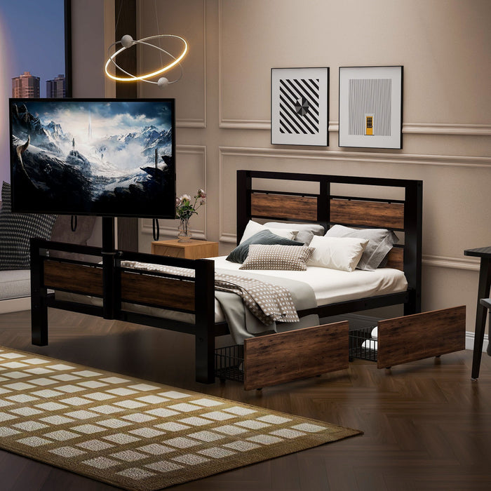 Black Giga twin size platform bed with headboard, footboard, two storage drawers, and a rotatable TV stand in a modern bedroom setup.