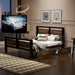Black Giga twin size platform bed with headboard, footboard, two storage drawers, and a rotatable TV stand in a modern bedroom setup.