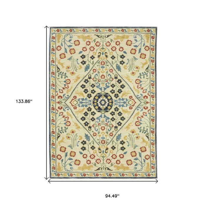8' X 11' Oriental Area Rug With Fringe - Ivory And Navy Blue