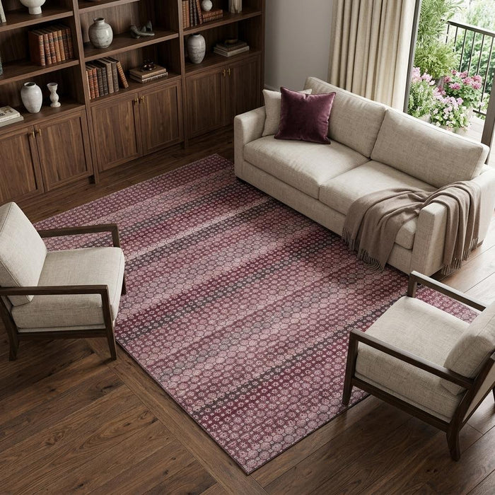 10' X 14' Striped Washable Area Rug With UV Protection (693588) - Burgundy / Merlot / Pink