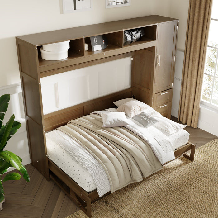 Giga full-size wood Murphy bed with integrated wardrobe, drawers, and open shelves for versatile storage and space-saving design.