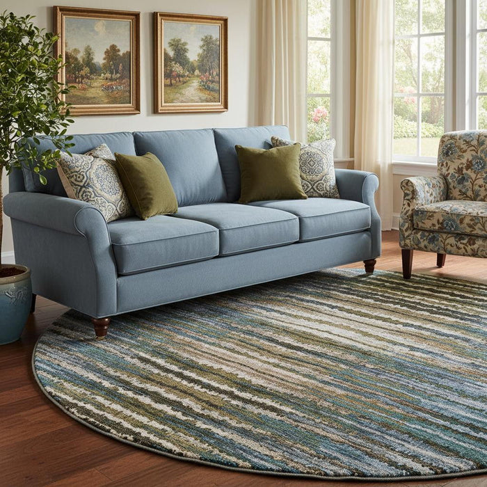 8' Striped Washable Round Rug With UV Protection (650983) - Blue / Brown / Gray