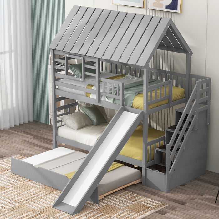 Giga house bunk bed with trundle, storage staircase, roof, and window design, featuring cozy and functional kids' bedroom furniture.