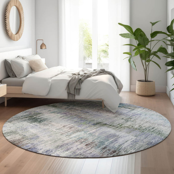 8' Abstract Washable Round Rug With UV Protection - Green And Gray