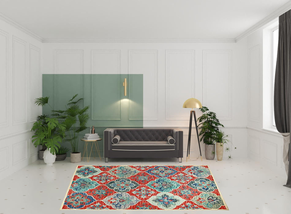 8' x 10' Wool Geometric Tufted Stain Resistant Area Rug - Blue And Rust