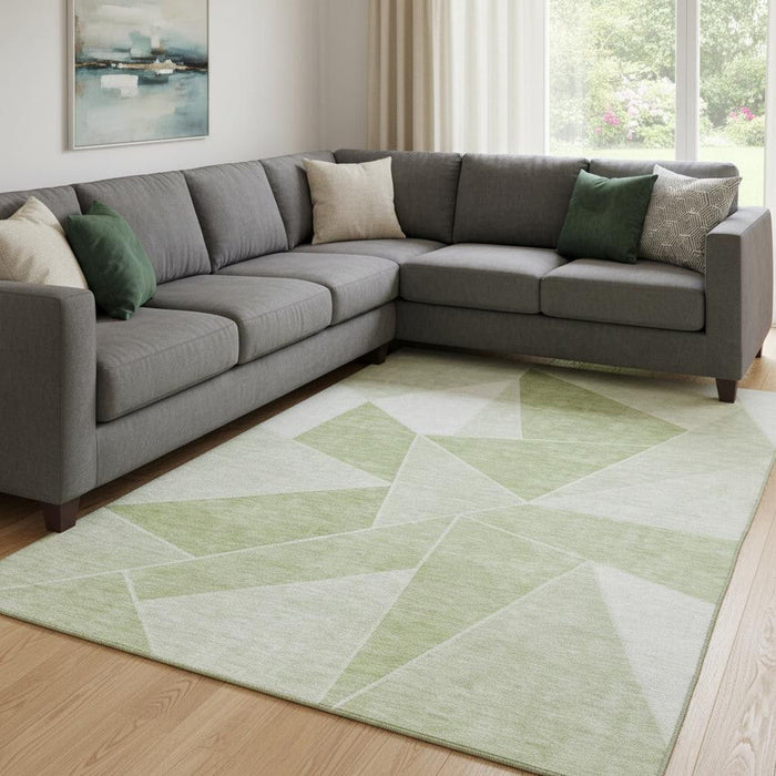 9' X 12' Geometric Washable Area Rug With UV Protection (653277) - Artichoke Green / Ivory