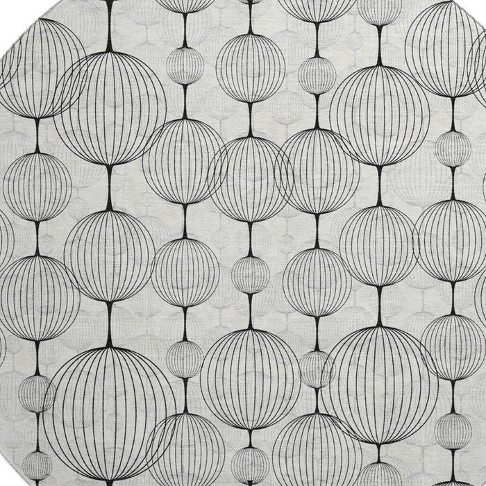 8' Geometric Washable Round Rug With UV Protection - Graphite And Silver