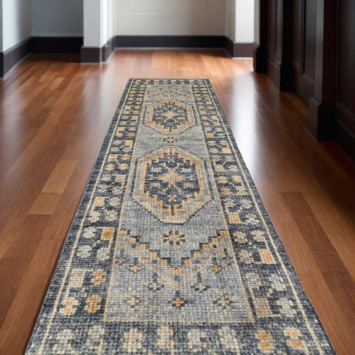 10' Wool Oriental Hand Knotted Runner Rug With Fringe - Blue Gray And Tan