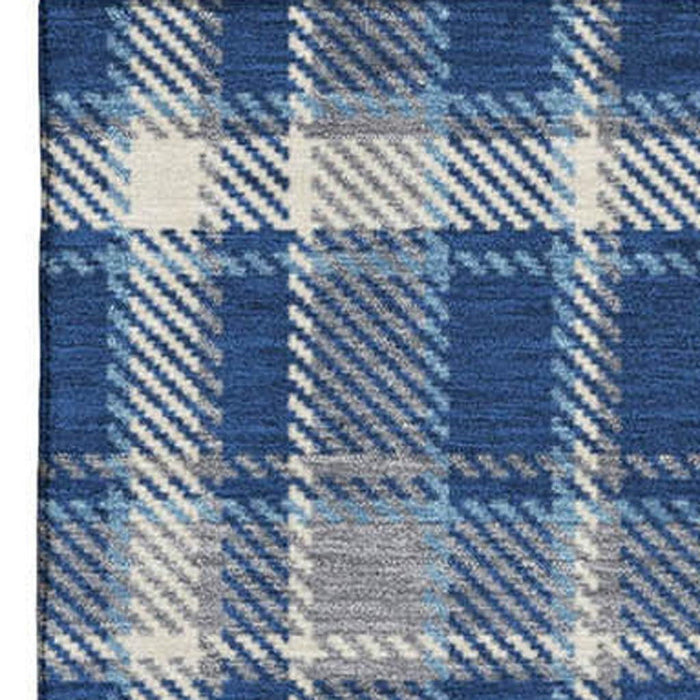 10' X 14' Plaid Washable Area Rug With UV Protection (649450) - Navy Blue / Ivory