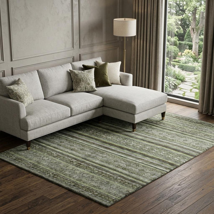 10' X 14' Striped Washable Area Rug With UV Protection (695810) - Olive Green / Gray / Silver