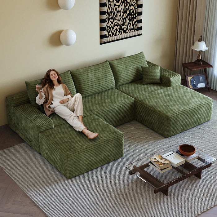 2 Piece Living Room Set Corduroy Modular Compression Foam Sofa & Ottoman Toss Pillows - Green