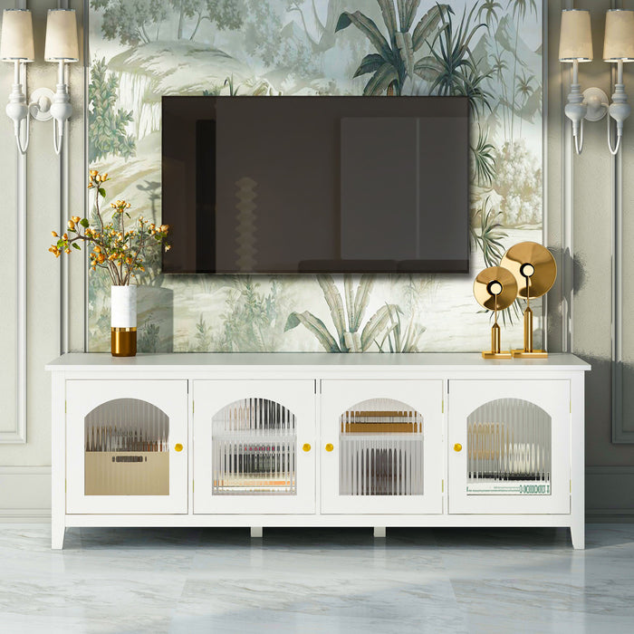 Giga stylish TV stand with solid wood frame, glass doors, metal handles, perfect for media consoles and entertainment centers.