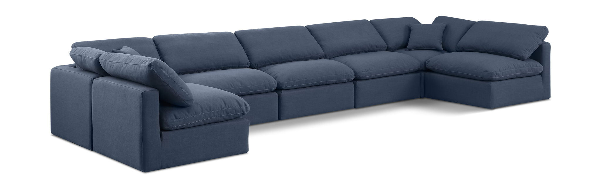 Meridian Furniture Indulge Linen 7-Piece Modular U-Shaped Sectional with plush cushions and neutral fabric upholstery.