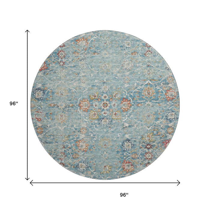 8' Floral Medallion Distressed Washable Round Rug With UV Protection (644213) - Blue / Orange / Gold