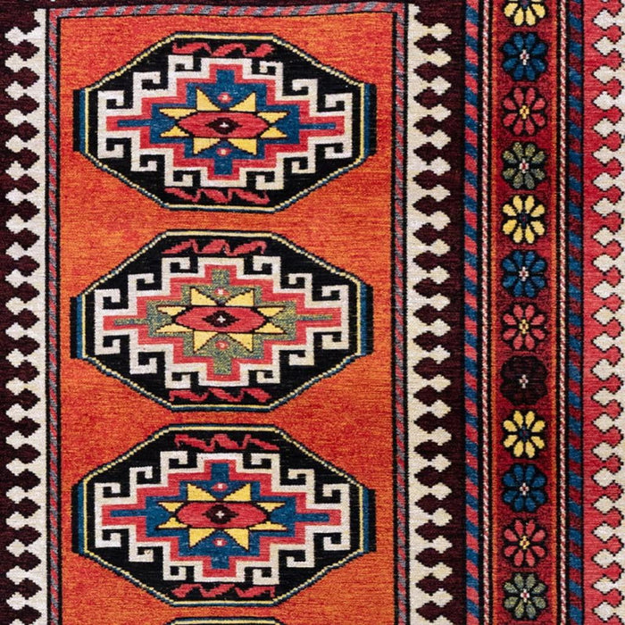 9' X 13' Tribal Washable Area Rug With UV Protection (610090) - Red / Orange