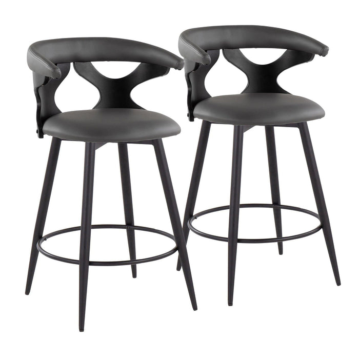 Gardenia - 25" Fixed-Height Counter Stool With Swivel And Rounded Black Metal Footrest (Set of 2) - Black Metal, Black Wood And Gray Faux Leather