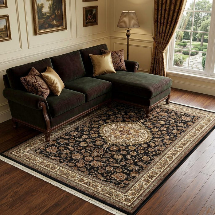 10' X 13' Medallion Area Rug With Fringe (574474) - Ivory / Dark Blue