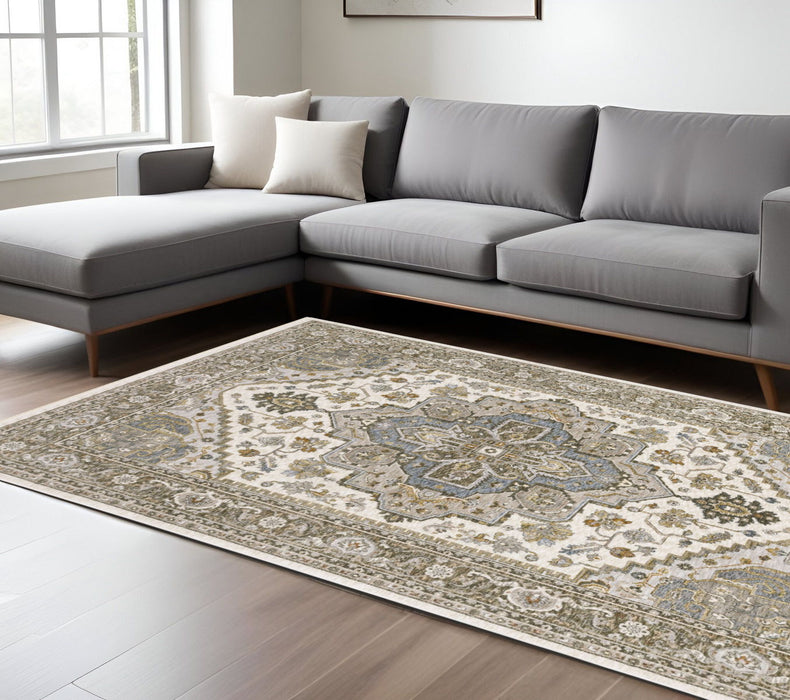 7' X 10' Medallion Distressed Area Rug With Fringe - Ivory And Gold