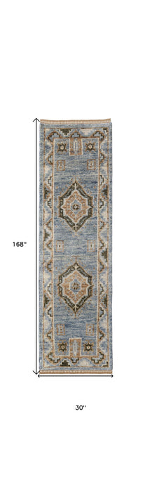 14' Wool Oriental Hand Knotted Runner Rug With Fringe - Ivory Tan And Blue