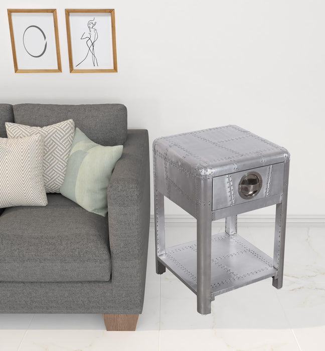 Aluminum Square End Table With Drawer And Shelf - Silver
