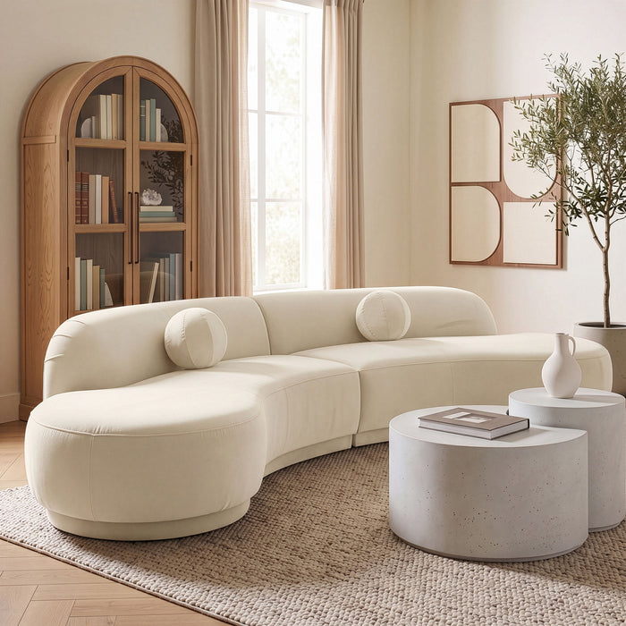 Meridian Furniture Avra 146-inch velvet performance fabric upholstered sectional sofa with plush cushions and modern design.