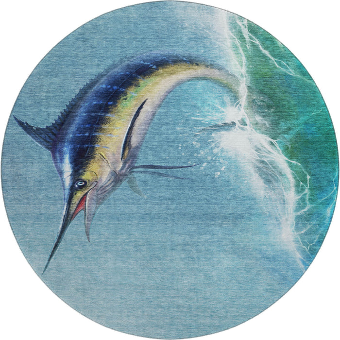 8' Nautical Washable Round Rug With UV Protection - Caribbean Blue