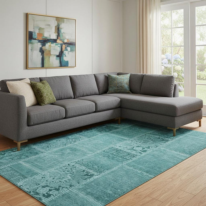 9' X 12' Patchwork Washable Area Rug With UV Protection (653271) - Turquoise / Aqua