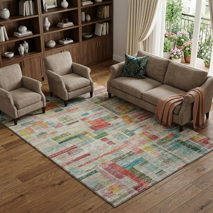 10' X 14' Striped Washable Area Rug With UV Protection (684082) - Rust / Orange / Green / Teal