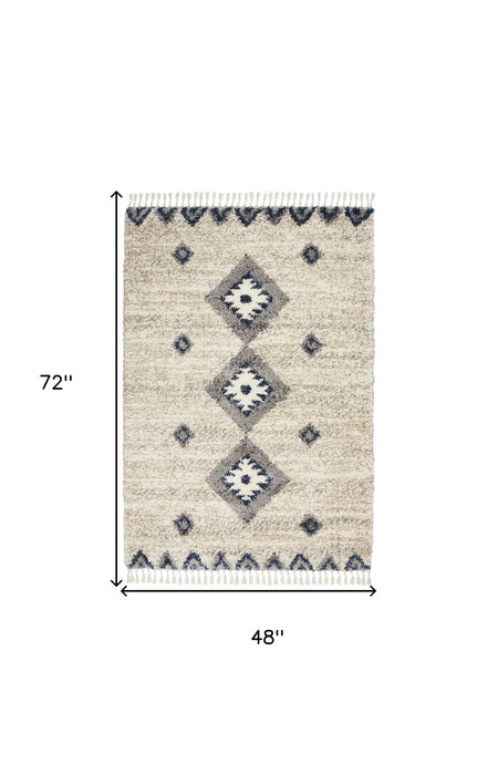 4' X 6' Geometric Shag Non Skid Area Rug With Fringe (552484) - Ivory / Blue / Gray