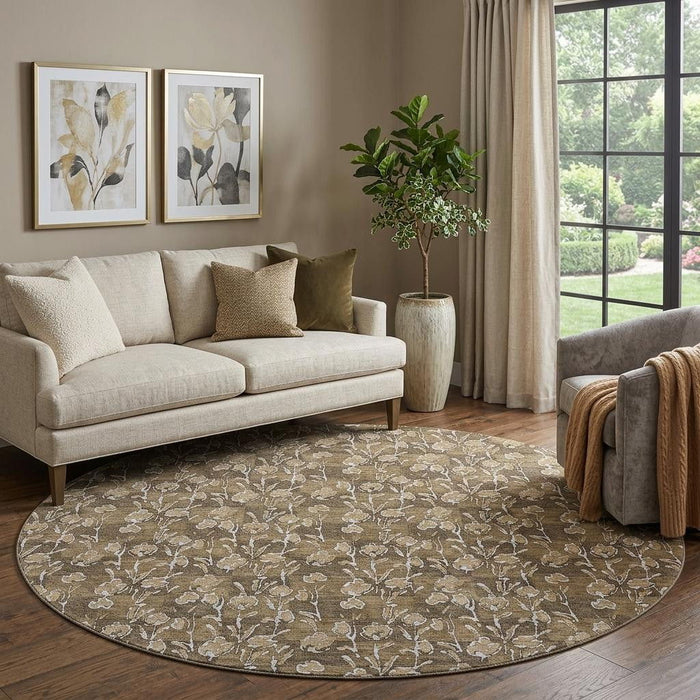 8' Floral Washable Round Rug With UV Protection (656433) - Brown / Ivory