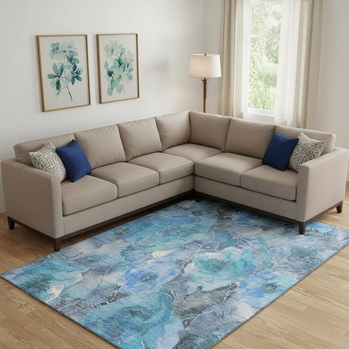 10' X 14' Floral Washable Area Rug With UV Protection (706055) - Blue / Gray / Ivory