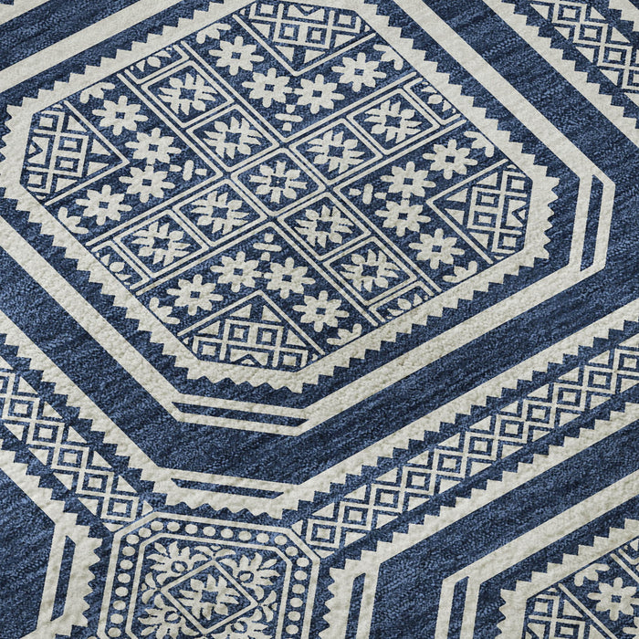10' X 14' Geometric Washable Area Rug With UV Protection (693816) - Navy Blue / Ivory