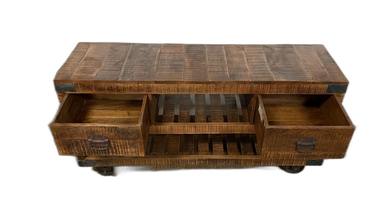 Solid Wood Distressed Wheel Console Table With Shelves And Drawers - Brown And Black
