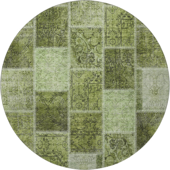 8' Patchwork Washable Round Rug With UV Protection - Olive Green And Gray