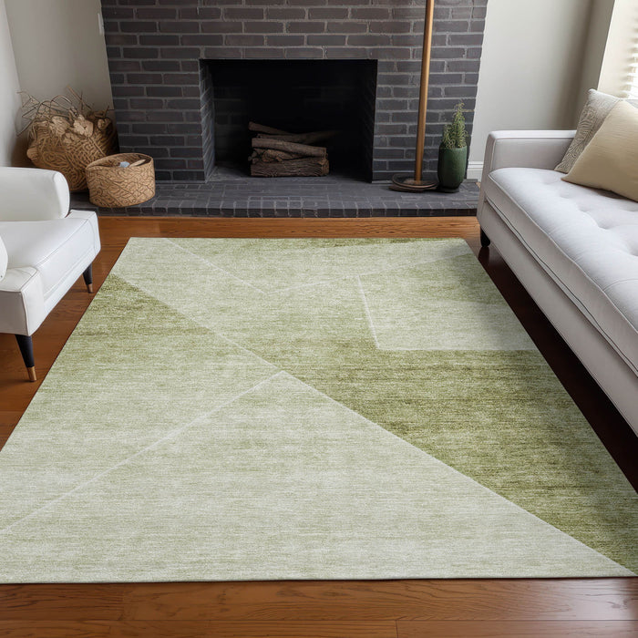 9' X 12' Geometric Washable Area Rug Polyester With UV Protection - Sage And Ivory