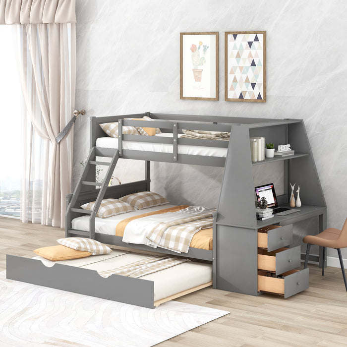 Giga bunk bed with built-in desk, trundle, three storage drawers, and a shelf, featuring a modern wooden design for kids' bedrooms.