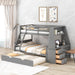 Giga bunk bed with built-in desk, trundle, three storage drawers, and a shelf, featuring a modern wooden design for kids' bedrooms.