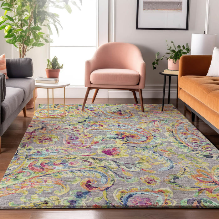 10' X 14' Paisley Washable Area Rug With UV Protection - Gray