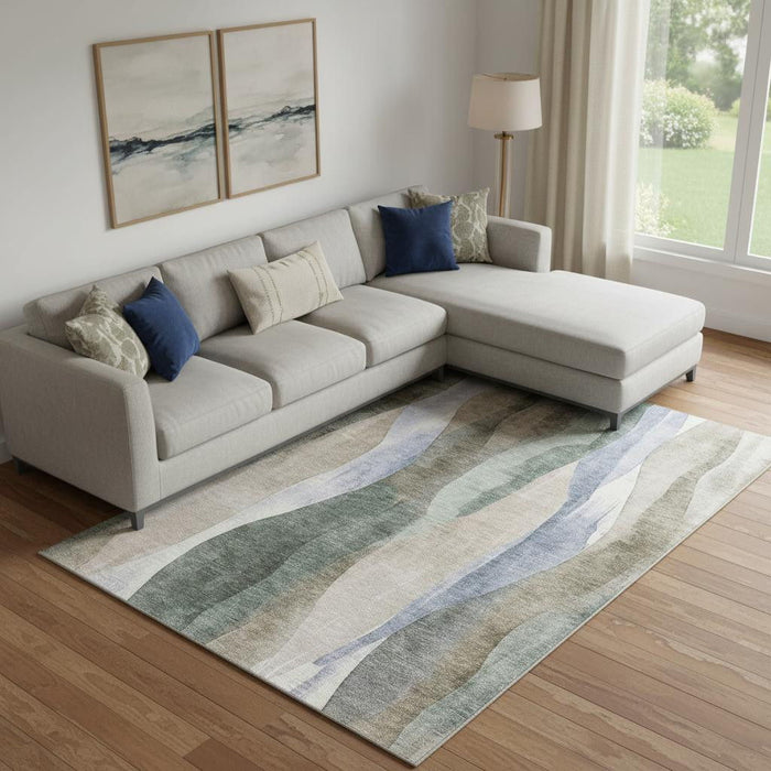 10' X 14' Abstract Washable Area Rug With UV Protection (710262) - Beige / Blue / Ivory