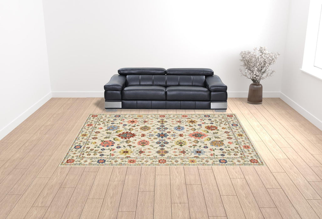 10' x 13' Oriental Power Loom Stain Resistant Area Rug With Fringe - Ivory Salmon Pink Gold Blues Gray Rust And Green