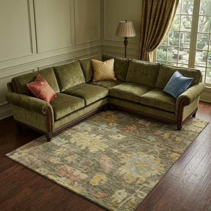 10' X 14' Floral Washable Area Rug With UV Protection (684498) - Artichoke Green / Gold / Gray