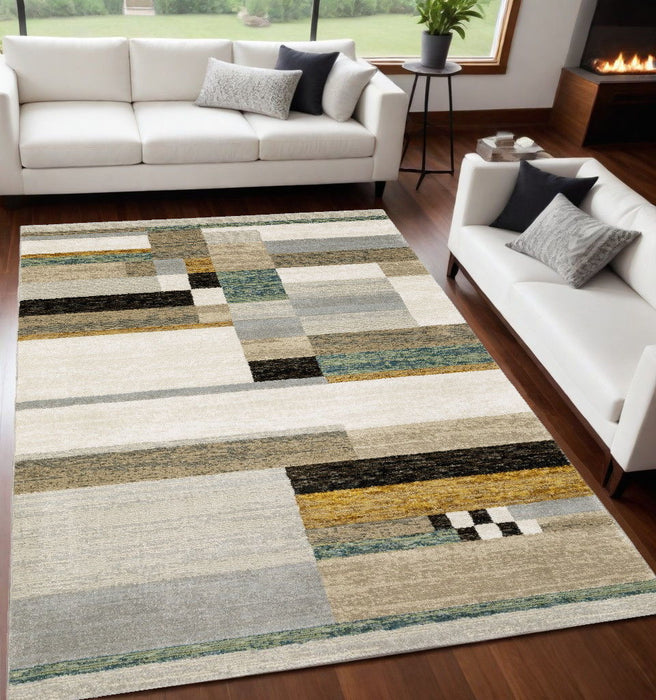 5' x 7' Geometric Power Loom Area Rug - Beige Gold Black Gray Tan Teal And Rust