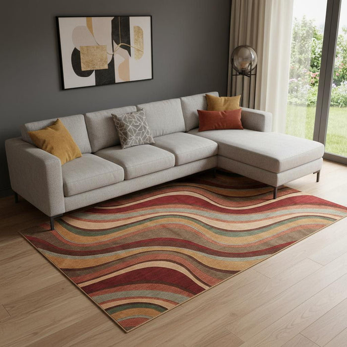 10' X 13' Striped Non Skid Area Rug (551498) - Ivory / Tan / Red