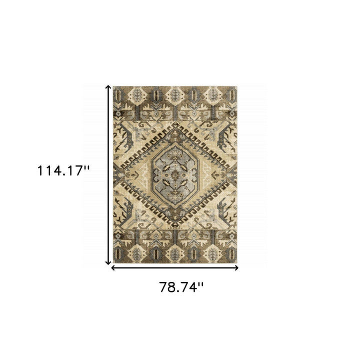 7' x 10' Central Medallion Indoor Area Rug - Tan And Gold