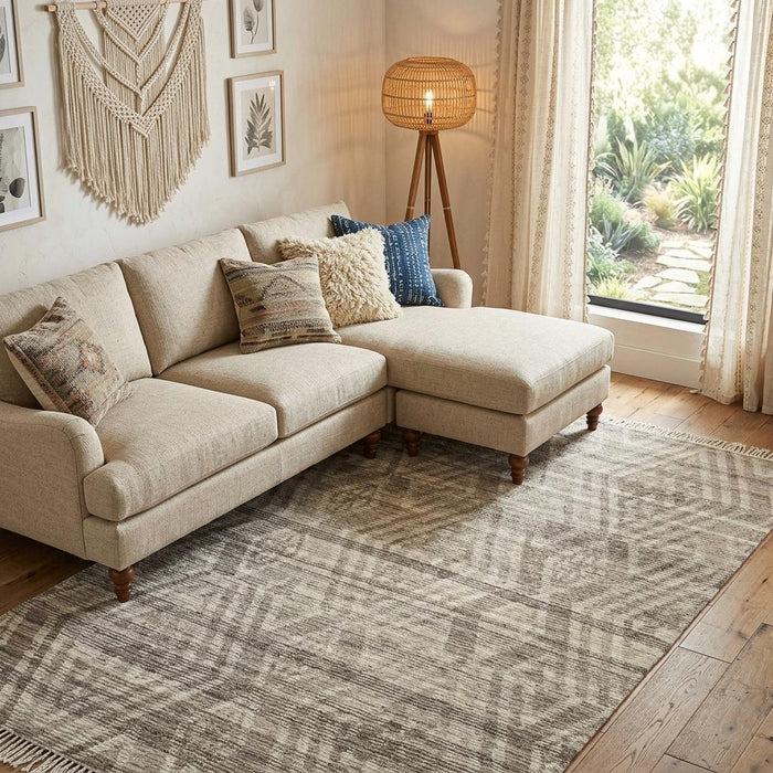10' X 14' Wool Geometric Hand Woven Area Rug With Fringe (744127) - Taupe / Ivory / Gray