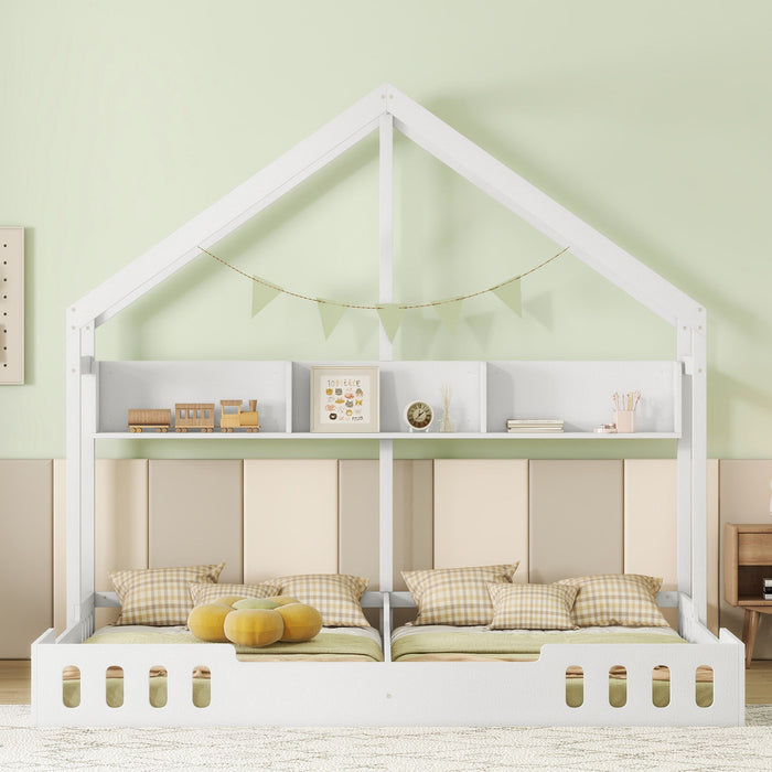 Twin Size Platform Bed With Shared Design, Guardrails, And Built In Shelves - Creamy White